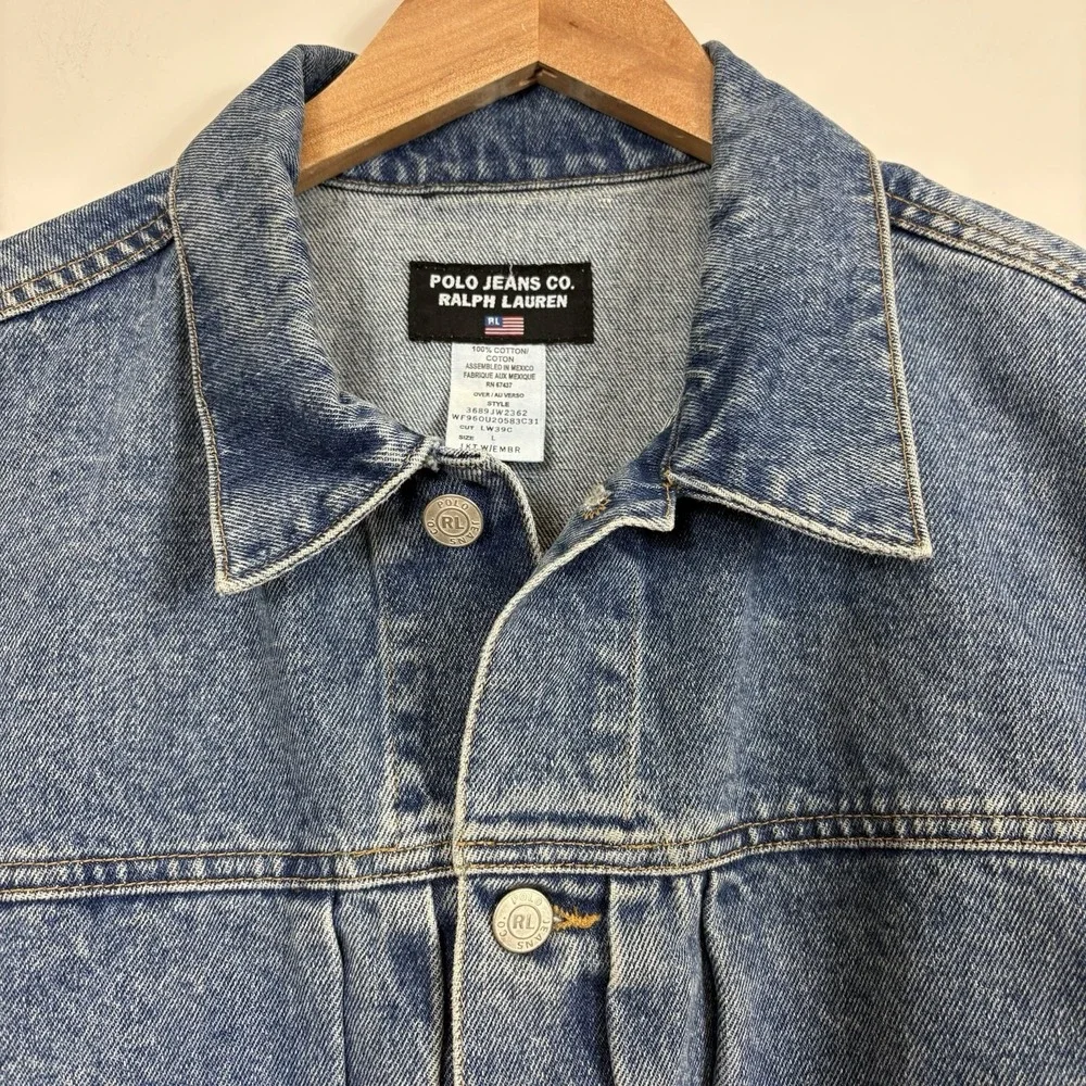 Vtg Ralph Lauren Polo Jeans Co Denim Jacket American Flag Patch Womens Sz L USA - Picture 4 of 14